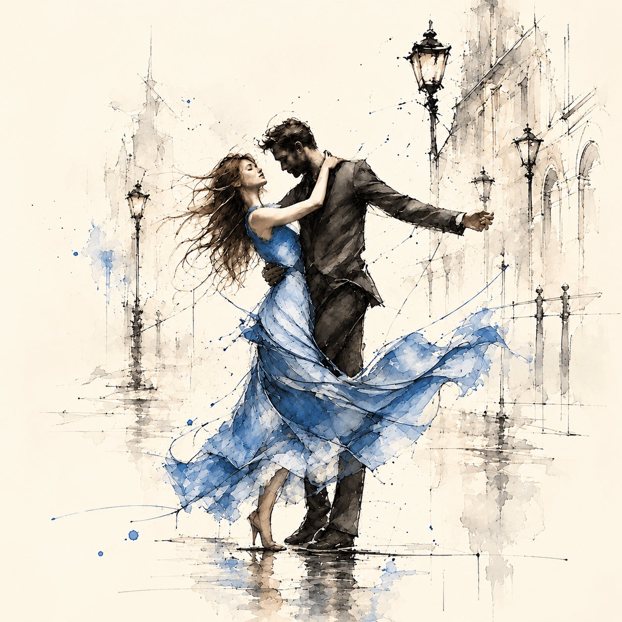 Watercolor-style illustration of a couple dancing beneath street lamps